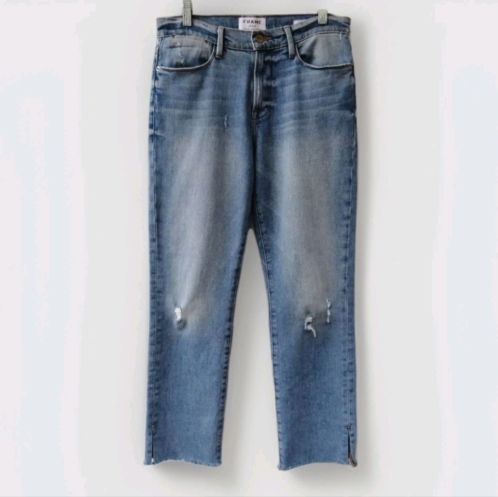 Frame‎ Jeans Women's 28 Blue Le High Straight Raw Edge Slit Hem Mid Rise